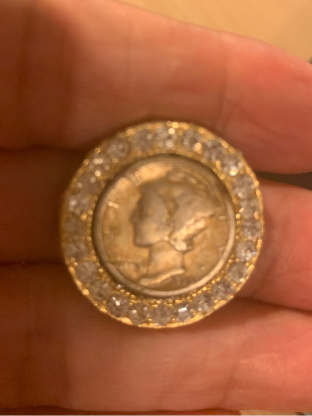 Antique Gold and Clear Crystal Coin with